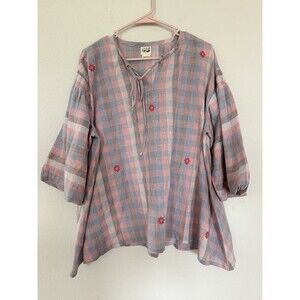 Little Tienda Floral Gingham Balloon Sleeve Blouse Boho Chic Indie Hippie Top M